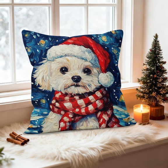 HCBY Christmas Winter Maltese Decorative Throw Pillow Covers, Dog Terrier Decorative Throw Pillows, Snowflake Porch Outdoor Pillowcase, Sofa Couch Cushion Case Home Decor Gift