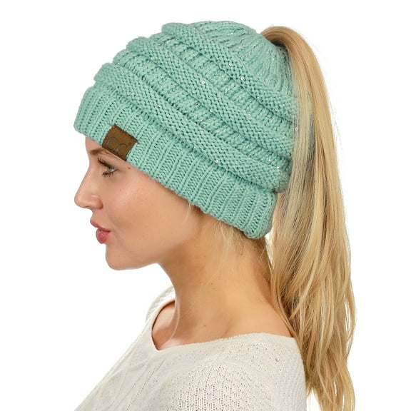 C.C BeanieTail Sparkly Sequin Cable Knit Messy High Bun Ponytail Beanie Hat, Mint