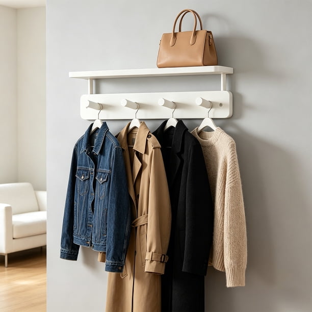 Perchero de pared de madera con ganchos – Organizador colgante inoxidable para baño, cocina, sala de estar y recibidor – Permite colgar toallas, abrigos, sombreros, bolsos y herramientas.