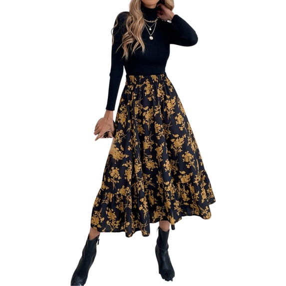 SAYOO High Waist Midi Skirt for Women, Leopard/ Flower Print Ruffle Skirt Summer Dress for Women, S/M/L/XL