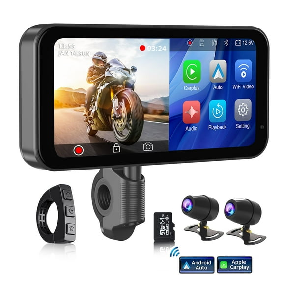 Carlikeit Portable Motorcycle DVR, 6.25" Wireless CarPlay & Android Auto Touch Screen with 1080P HD Dash Cam Front and Rear, Dual Bluetooth, 64GB TF Card, IP67 Waterproof - Carplay GPS for Motorbike