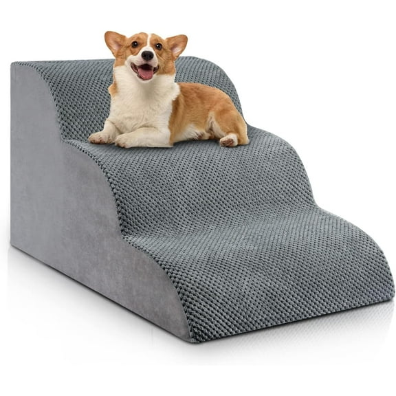 Dog Stairs for Small Dogs 15.7" H, OEIKPFN 3-Step Pet Stairs for Bed, Couch and Sofa, Curved Ramp Design for Puppies, Medium Pets and Older Cats, Gray