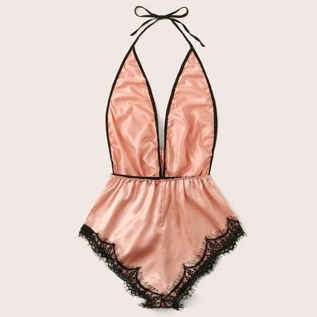 

nsendm V-Neck Stain Bow Jumpsuit Lace Lingerie Silk Sleepwear Pajamas Bodysuit Women Lingerie Set for Women under 10 Underwear Yellow Medium
