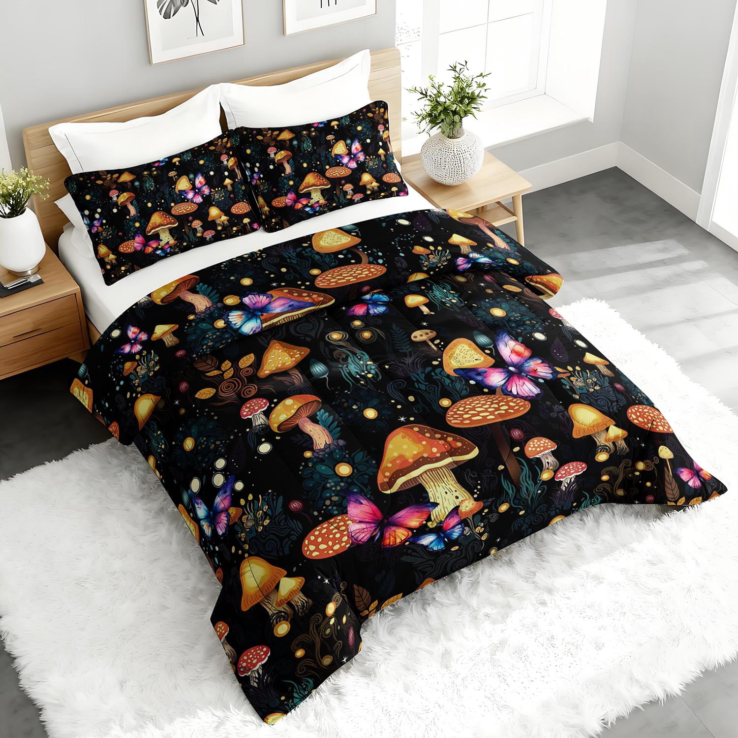 3pcs Mushroom Butterfly Comforter Set, Whimsical Bedding Set for Bedroom or Guest Room Decor, All Seasons Quilt Machine Washable Duvet with 2 Pillowcases