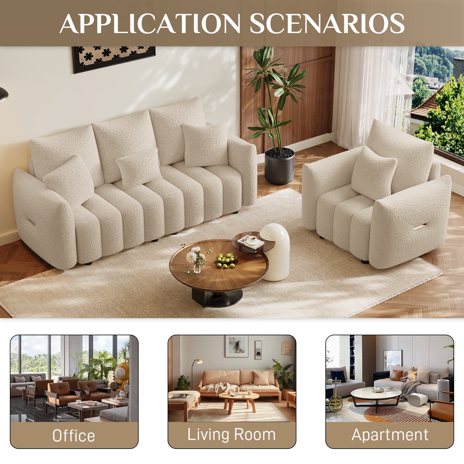 Wiilayok 33.5"D x 37.75"W Teddy Cloud Sofa Couch, Comfy Upholstered Sherpa Deep Seat Boucle Sofa, Cozy Modern Single Couch with 1 Pillows, Loveseat for Living Room Apartment Office, Brown