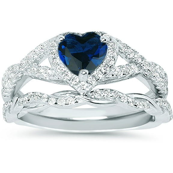 LaRaso & Co 1 Carat Blue Sapphire September Birthstone CZ Wedding Engagement Ring Set 925 Silver Size 7