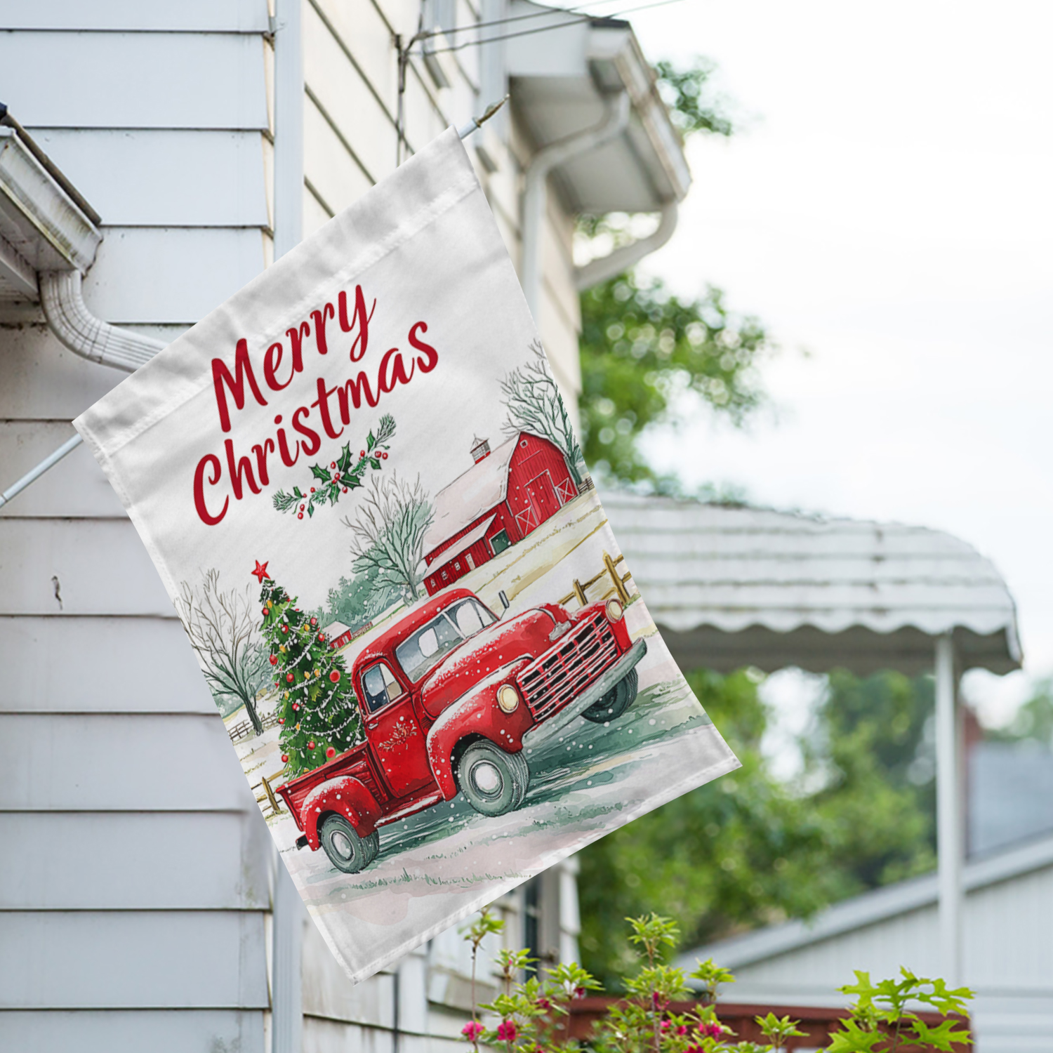 America Forever Red Truck with Tree House Flag, 28 x 40 inch Double Sided, Christmas Vintage Pickup Banner, Farm Winter Scene Outdoor Decor, Holiday Outside Decorations Yard Flag