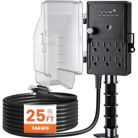 Outdoor Power Stake, Dusk to Dawn Light Timer, 25FT Extension Cord Multiple Outlet; 6 Electrical Outlet Power Strip Weatherproof, for Patio Lights, Garden, Christmas Decorations, ETL Listed