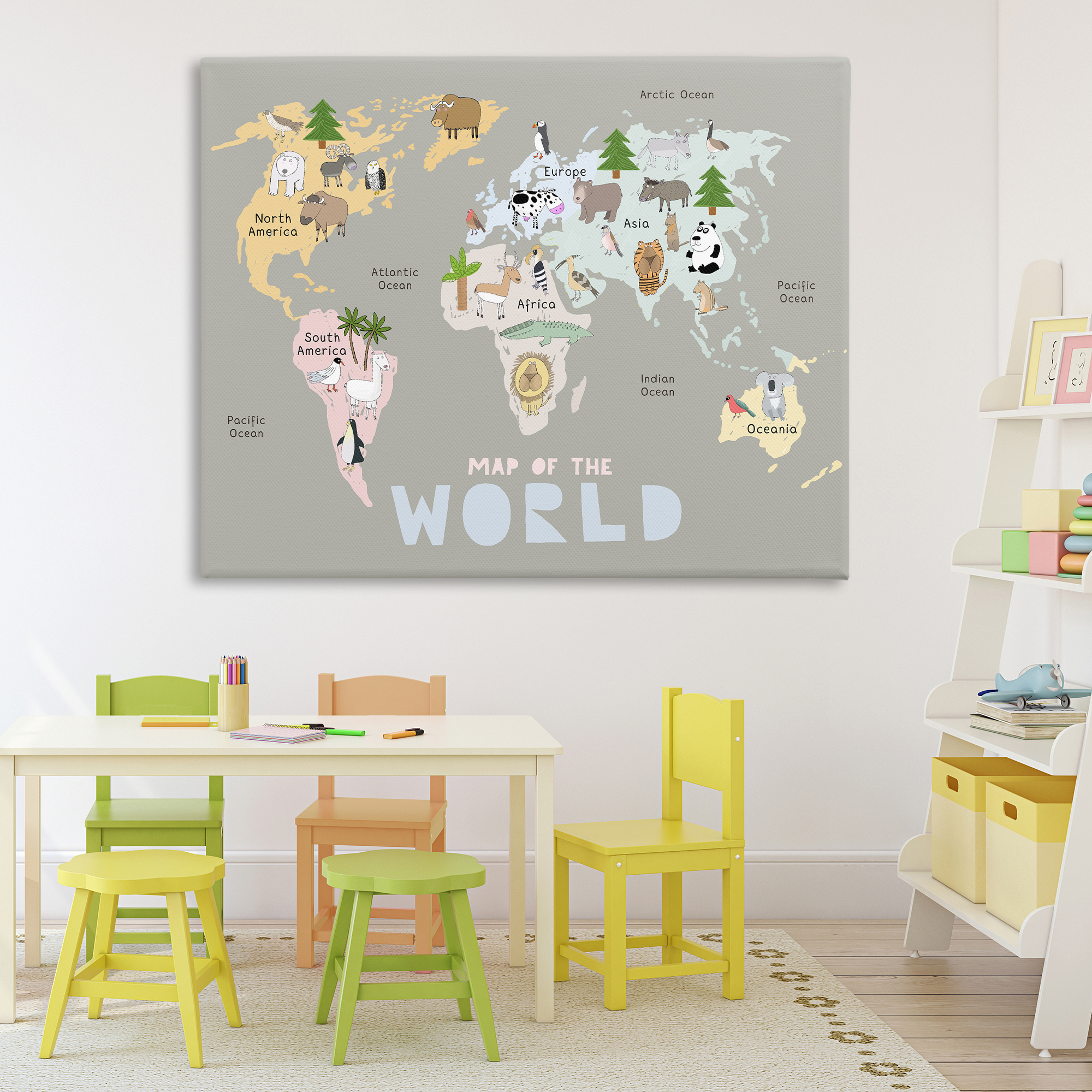 Kid's Map Of World Grey Canvas Wall Art, design by Carla Daly