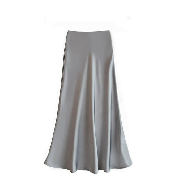 Ticikt Women's Elegant Satin High Waist Hidden Elasticized Waistband Flared Casual A Line Midi Skirt Casual Ladies Skirts,Color:Grey,Size:L