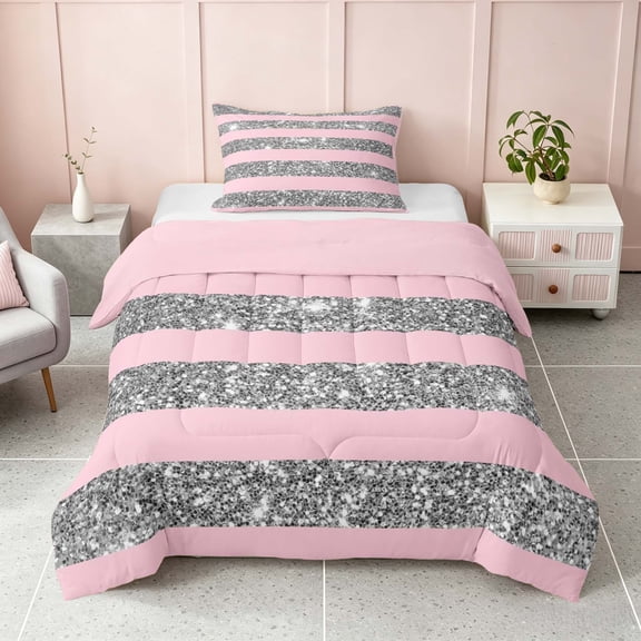 Homewish Pink Gray Stripe Twin Comforter Sets for Girls, Glitter Stars Bedding Set, Pink Reversible, 2 Pieces 1 Comforter and 1 Pillowcase