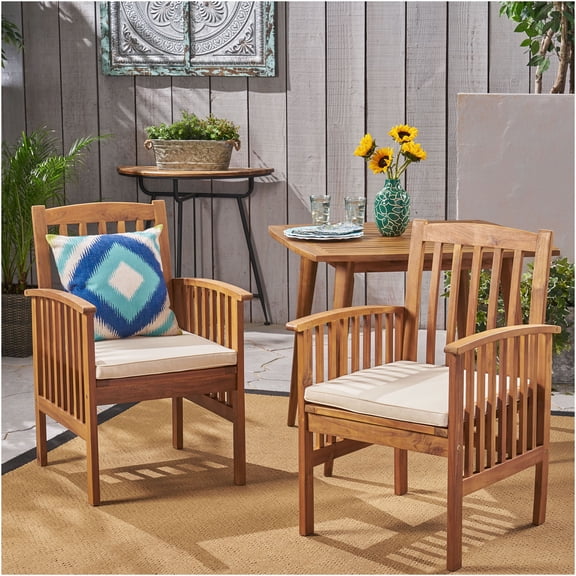 JERFIT Acacia Wood Patio Dining Chairs Set of 2 with Cushions, Brown Outdoor Garden Backyard Seating