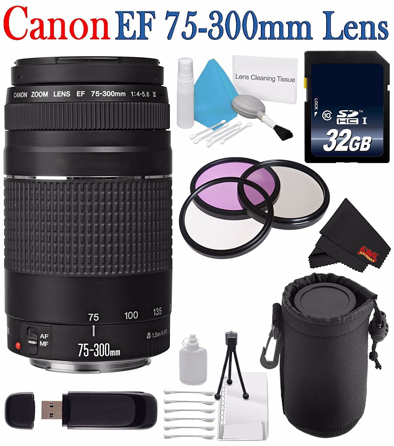 Canon Ef 75 300mm F 4 5 6 Iii Telephoto Zoom Lens 58mm 3 Piece Filter Kit Sd Card Usb Reader 32gb Sdhc Class 10 Memory Card Deluxe Starter Kit Deluxe Lens Pouch Bundle Walmart Com