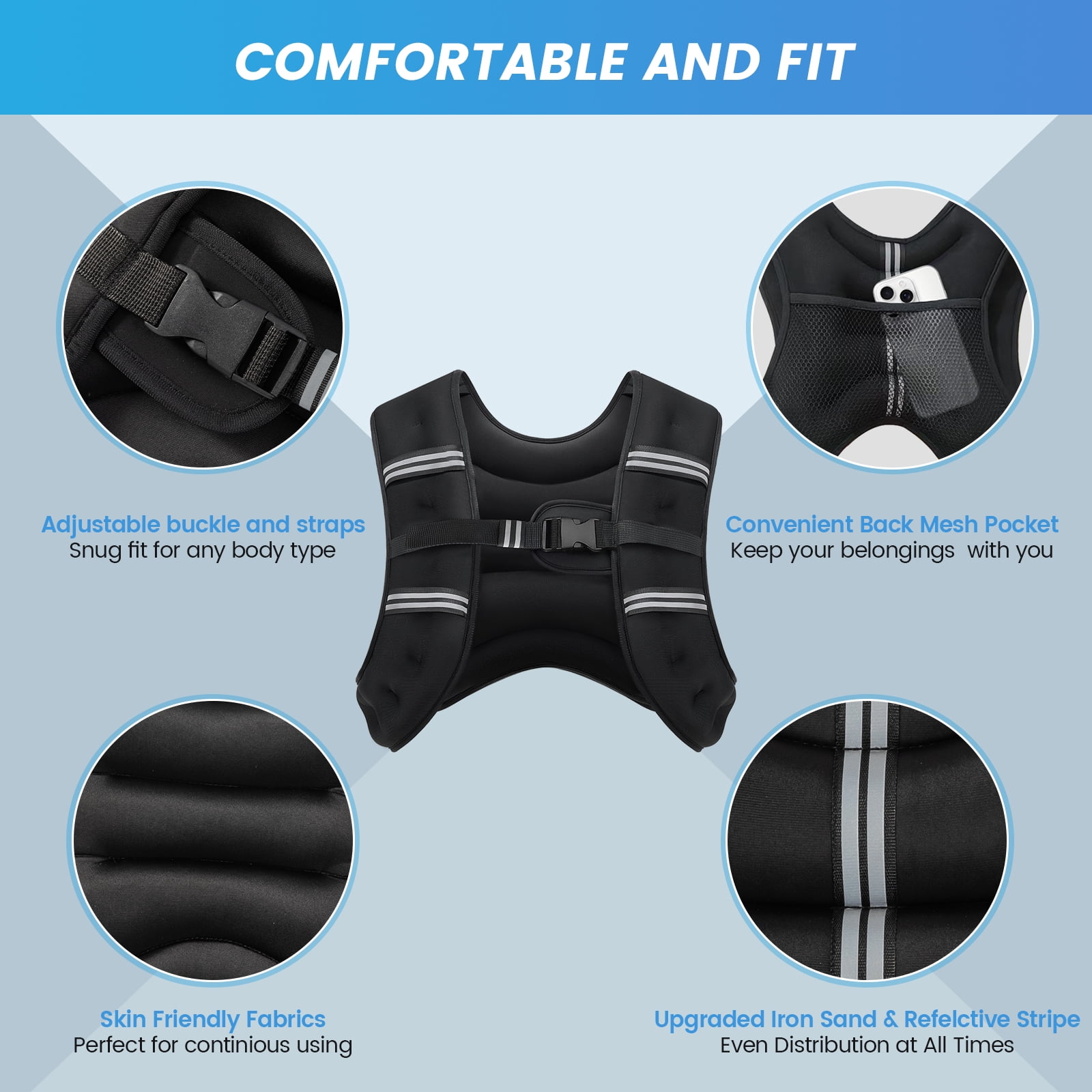 Weighted Vest 8 Lb Weight Vest for Woman Men Sport Weighted Vest with Reflective Stripe Adjustable Buckle Straps Back Black Mesh Pocket for Strength Training Running