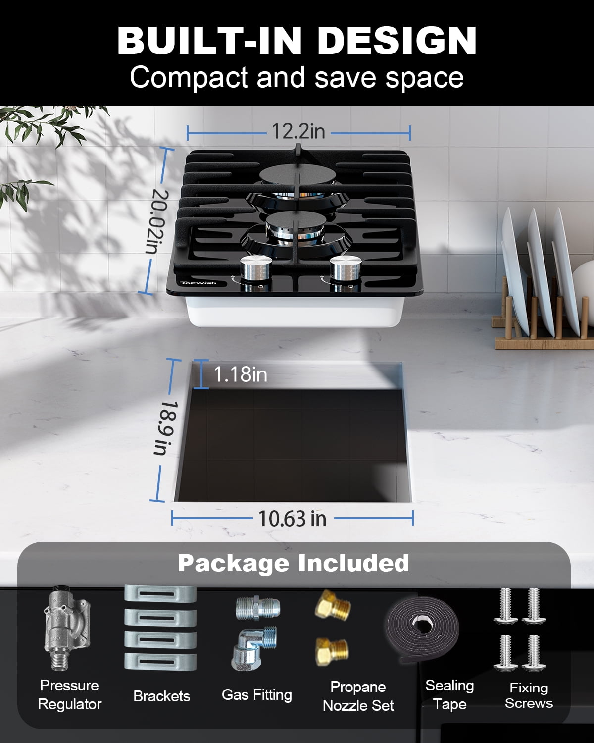 TOPWISH 12" 2-Burner Built-In Gas Cooktop, Black Tempered Glass, 18,000 BTU, NG/LP Convertible, Flame-Out Protection