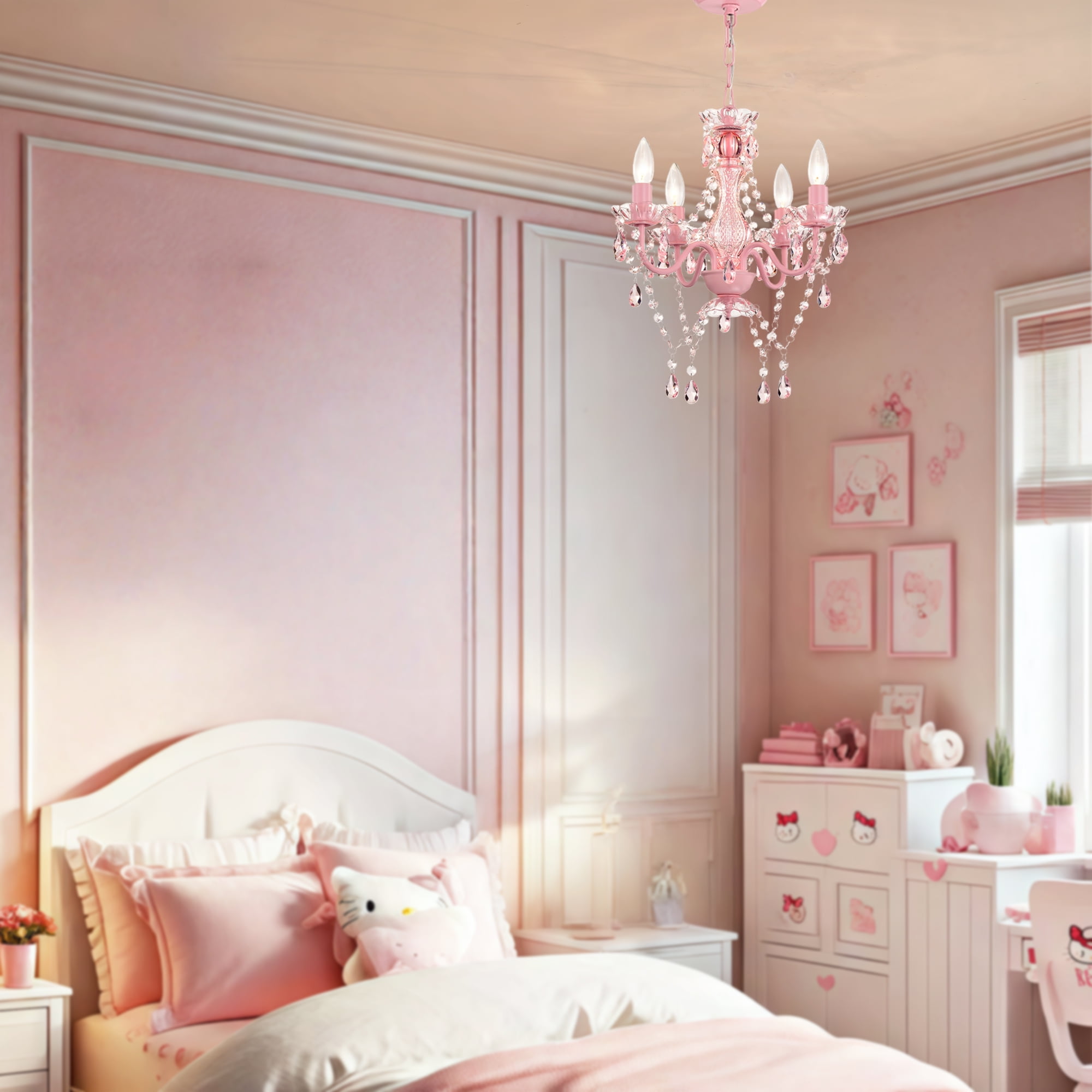 LALULA Modern Pink Finish Plug-In Crystal Chandelier 5-Light Acrylic Hanging Light Fixture with Cord for Bedroom Dining Room