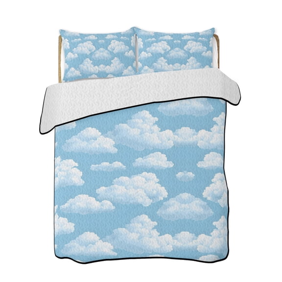 Quilts Queen Size Bedding Set, Sky Blue Reversible Summer Quilt 3 Pieces, Cartoon Nature Landscape Lightweight Bedspreads Coverlets with 2 Pillow Shams for All Seasons