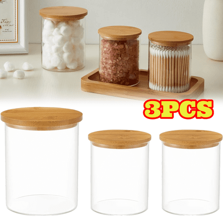 3pcs Glass Apothecary Jars, Container Set, Bathroom Organizers and Storage, Bathroom Decor, with Lids, Small Kitchen Containers, For Cotton Balls, Pads and Swabs