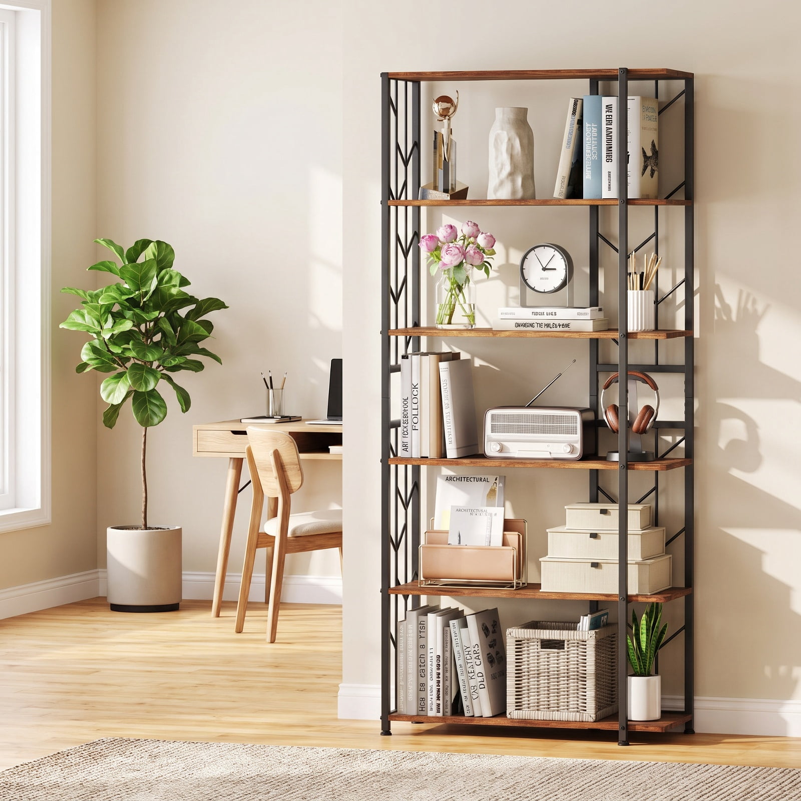 Furnibear 6-Tier Bookshelf Modern Geometric Bookcase with Heavy-duty Metal Frame and Anti-tipping Kits for Living Room Home Office, Rustic Brown