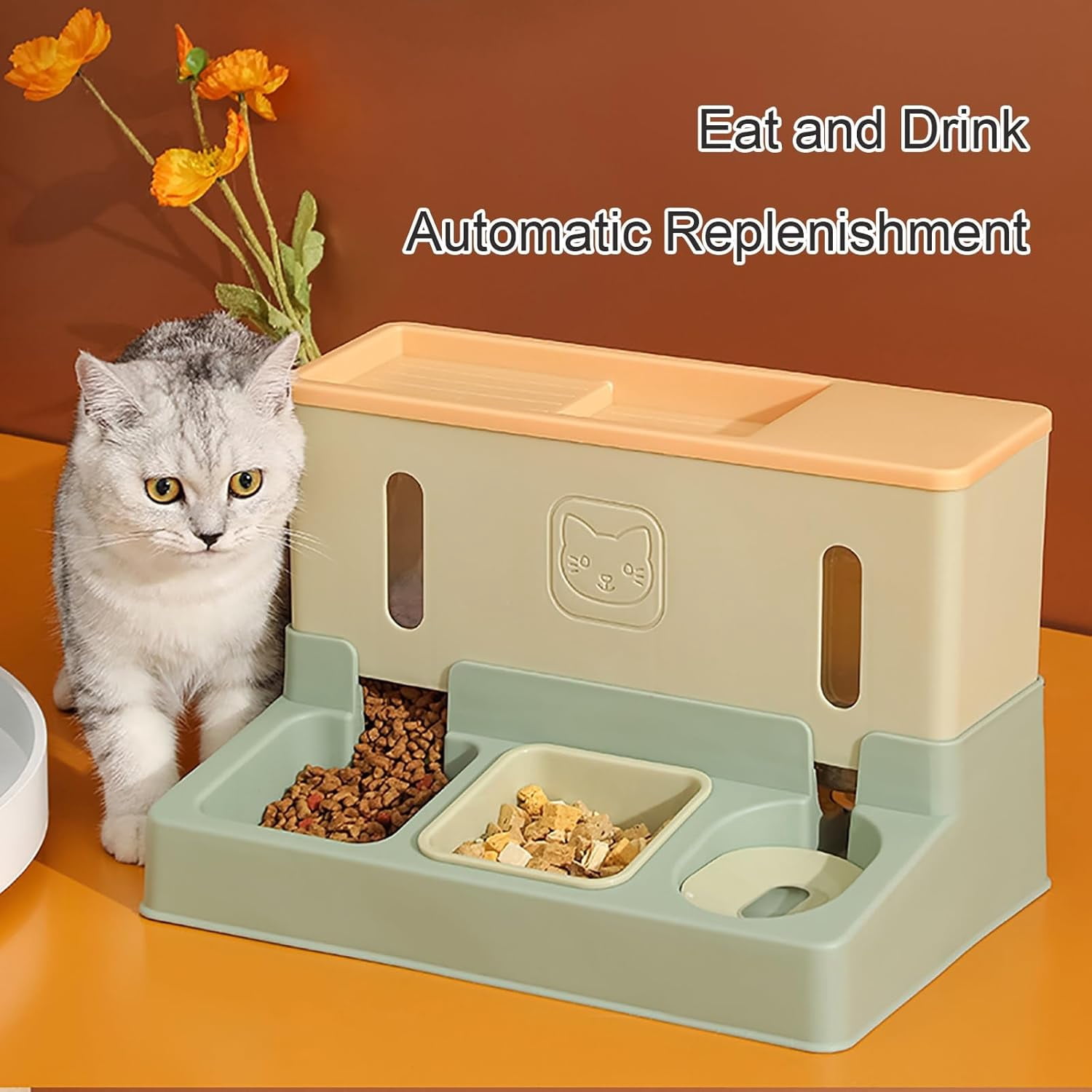 Colourtree Grass Green Cat Food and Water Dispenser Automatic Dog Feeder Waterer 3 in 1 Auto Pet Food and Water Bowl Set Self Feeding for Puppy Kitten