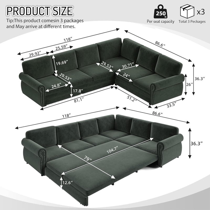 118" L-Shaped Convertible Sleeper Couch Bed, Chenille Upholstered Sectional Sofa with Pull-Out Sofa Bed, Modern Chesterfield Sofa for Living Room