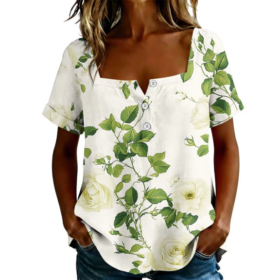 Kezqiaxn Tops for Women Trendy Flower Short Sleeve Square Neckline Button Down Shirts Plus Size Blouse Summer Clothes