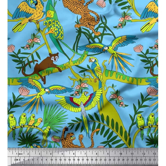 Soimoi Moss Georgette Fabric Branches,Parrot & Leopard Jungle Print Fabric by The Yard 42 Inch Wide