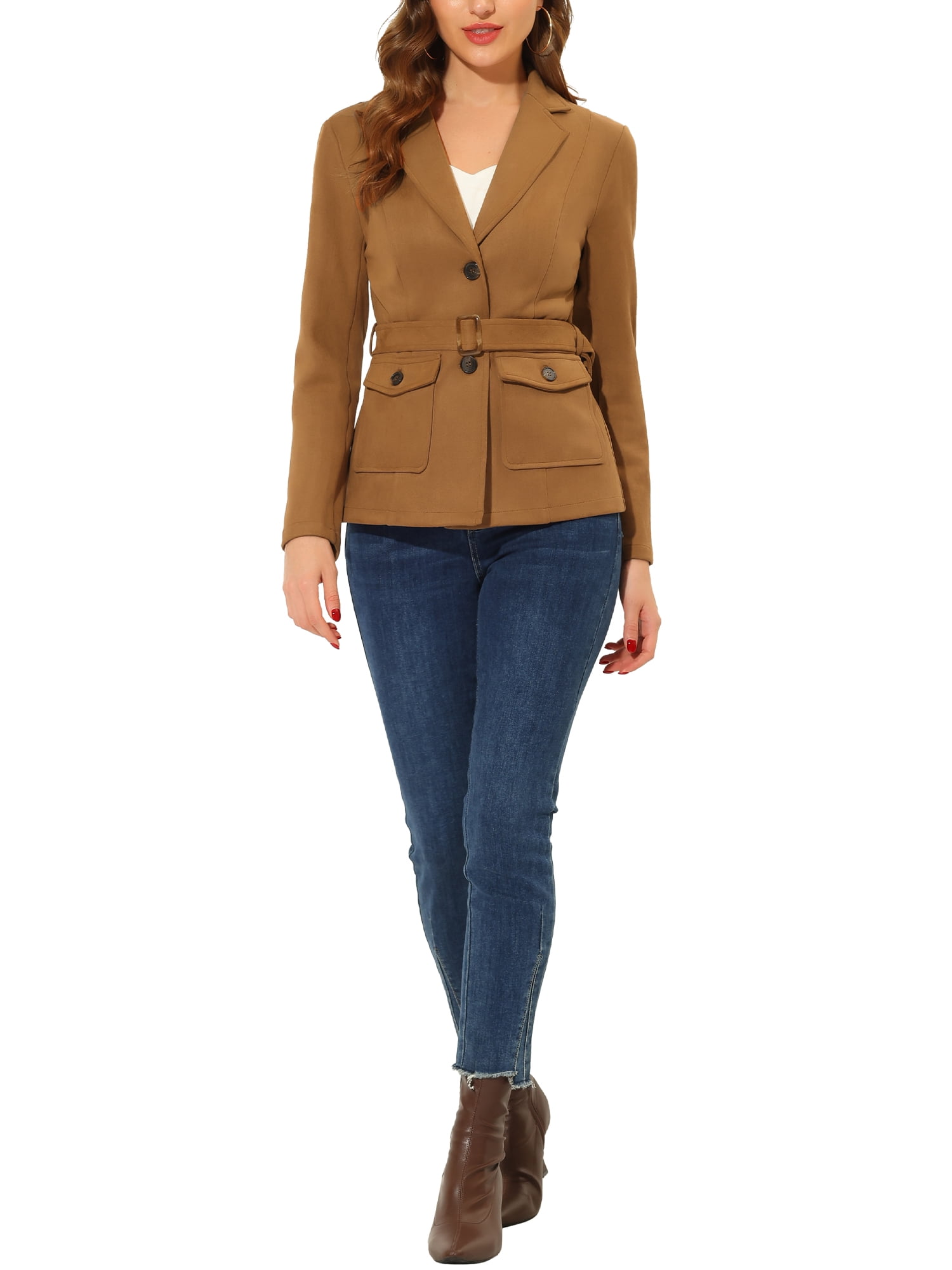 Unique Bargains Women's Faux Suede Belted Long Sleeve Single Breasted Blazer M Brown