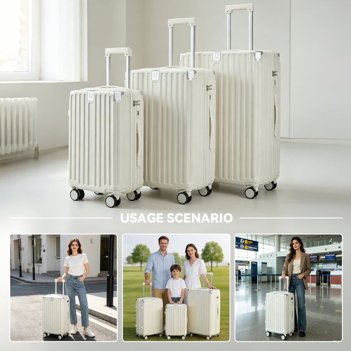 5-Piece PP Lightweight Luggage Set with TSA Lock, 20"/24"/28" Spinner Suitcases + Handbag + Toiletry Bag, 360° TPE Silent Wheels for Airports