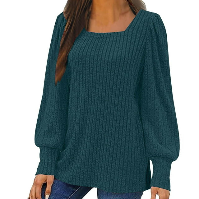Meichang Puff Long Sleeve Shirts for Women Plus Size Square Neck Ribbed Knit Tops Solid Loose Fit Side Slit Hem Blouses Spring Trendy Women Tunic Tops