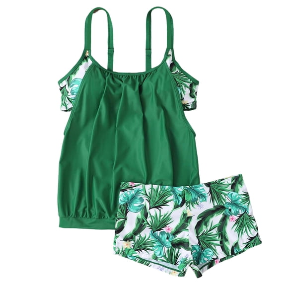 Babcutegg Tankini Swimwear for Women Tummy Control Graphic Pattern Plus Size Loose Fit Fashion Swimwear for Women Green Size 2XL