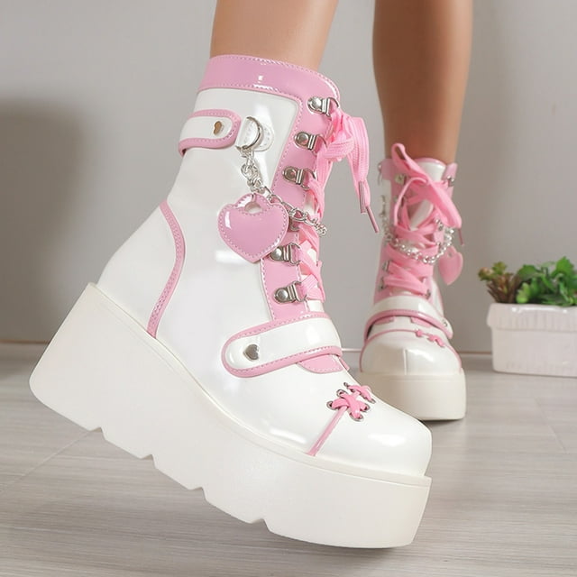 PEONAVET Bottes Comba pour Femmes Mode Talon Épais Lacets Bottes de Moto