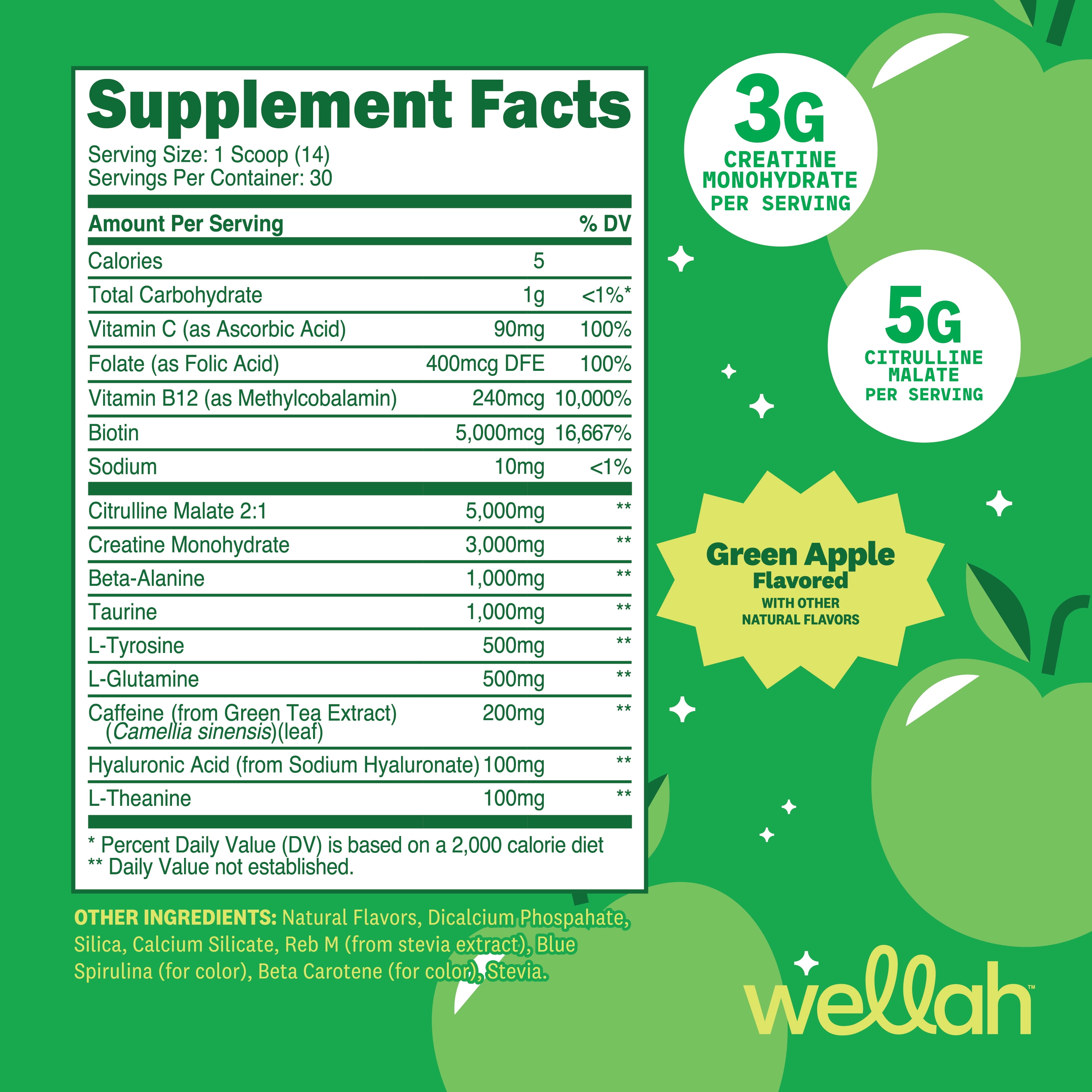 Wellah Pre-Workout + Creatine Powder (30 Servings) Green Apple - 200mg Caffeine, 3g Creatine Monohydrate, 5g Citrulline Malate, Pre-Workout with Creatine Supplement