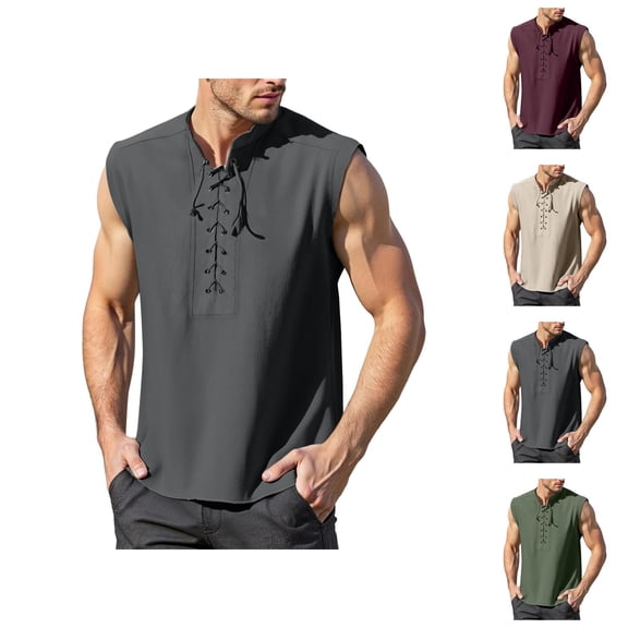 Mens Renaissance Shirt Tank Top Lace Up Stand Collar Sleeveless Shirt Pirate Steampunk Viking Shirts