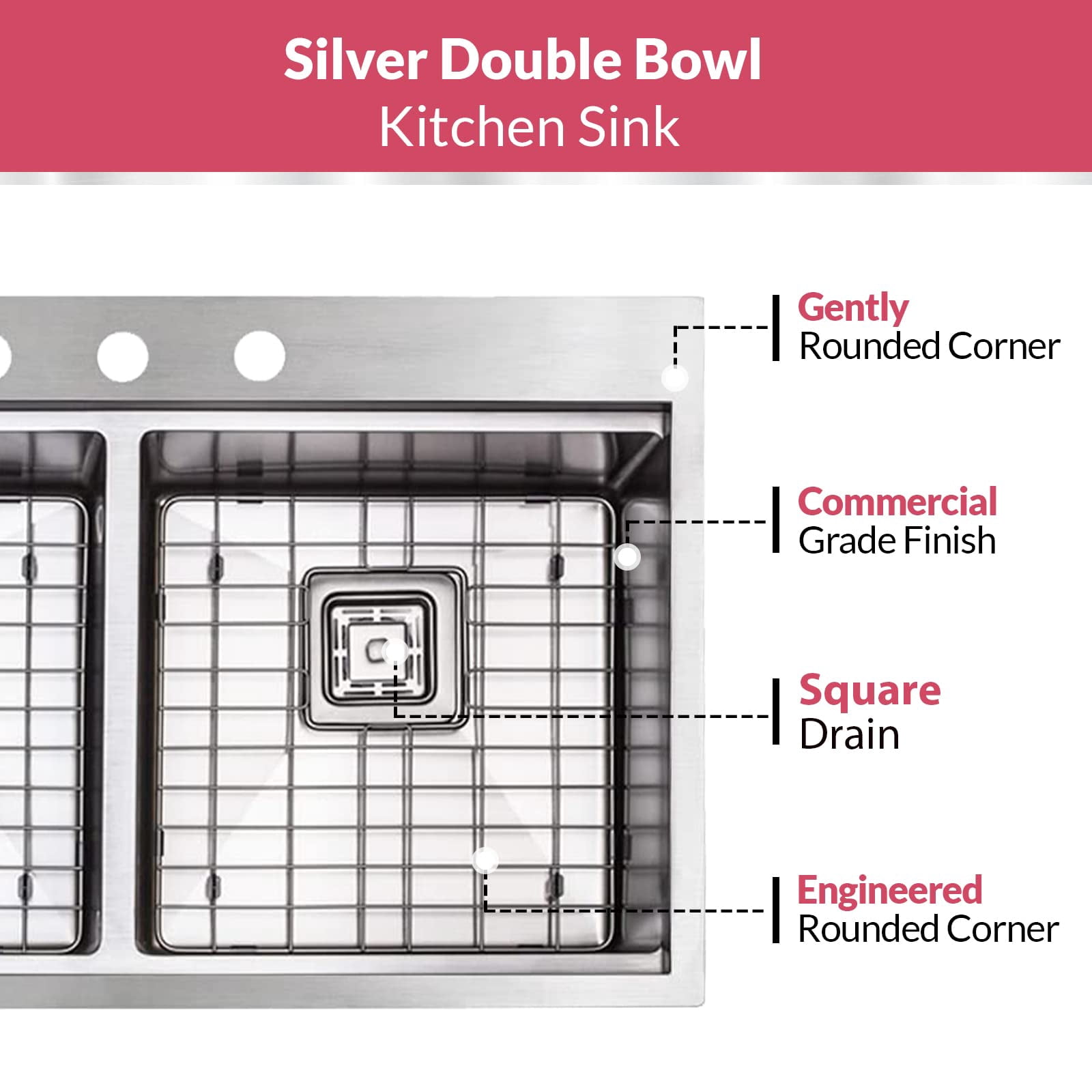 Strictly Sinks 33 inch 16ga Top mount Kitchen Workstation Drop In Sink Silver 50/50 Double Bowl Sink