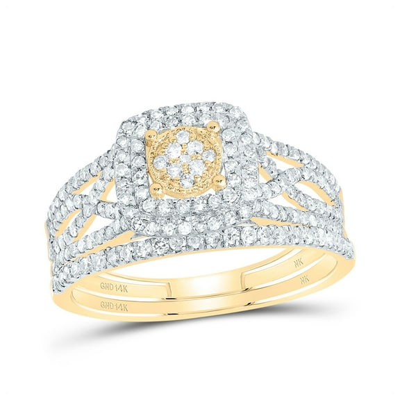 14kt Yellow Gold 5/8 Cttw Diamond Cushion Double Halo Wedding Engagement Anniversary Bridal Set, Women Size: 5-9