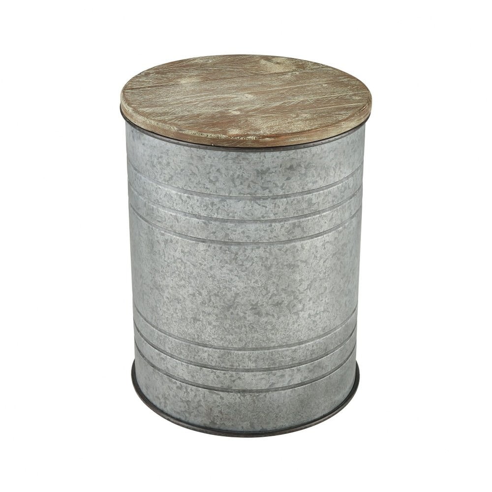 Round Accent Table in Galvanized Steel, Wood Tone finish with Drum