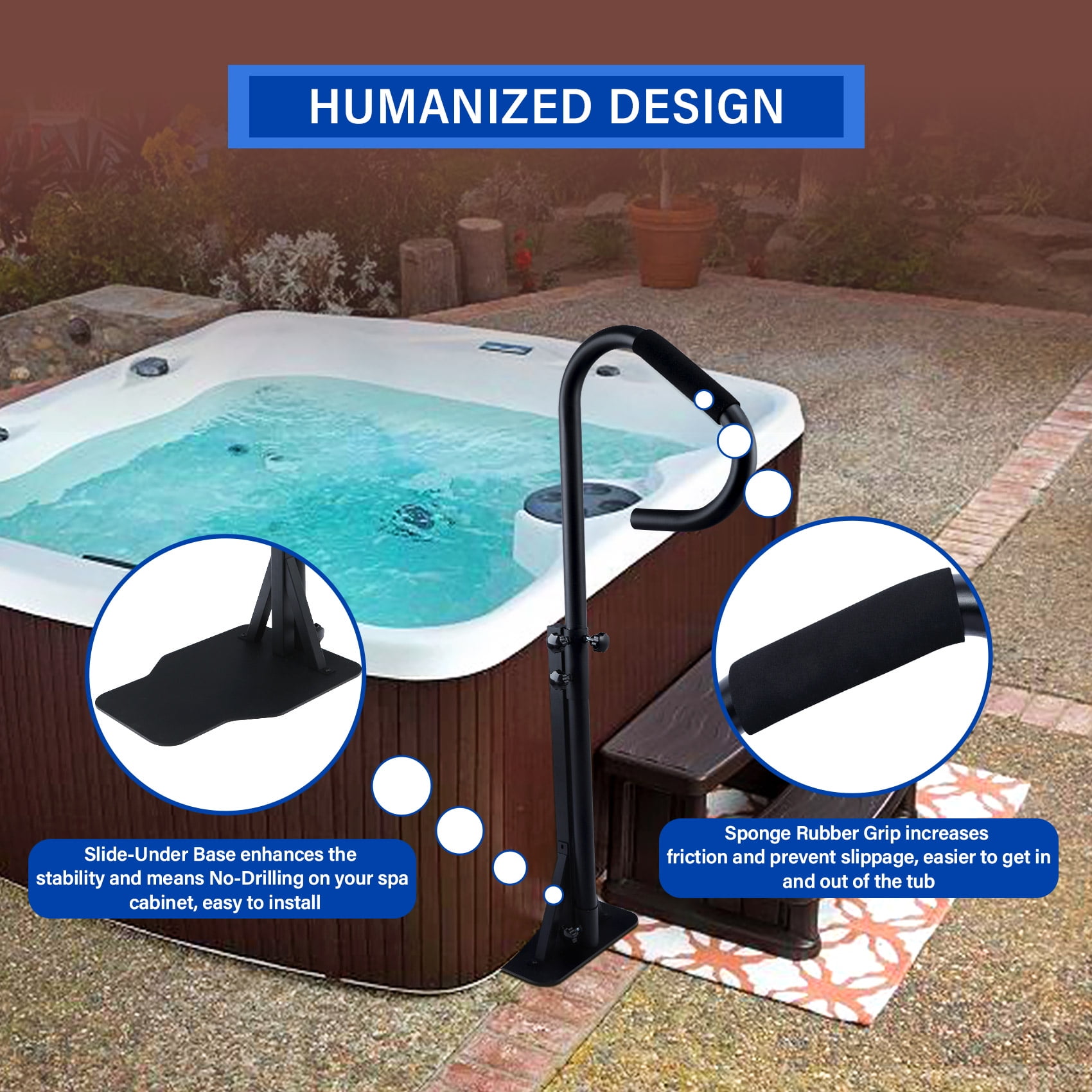 TCFUNDY Adjustable Hot Tub Handrail, 57"- 60" Height, Non-Slip Grip, Outdoor Spa Accessory