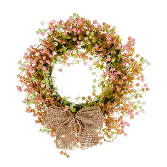 RUINIXCW Small Artificial Babys Breath Flowers Wreath with Burlap Bow 12 Inch White and Pink Flowers Wreaths for Front Door Spring Summer Wreaths Farmhouse Wall Indoor Outdoor Decor