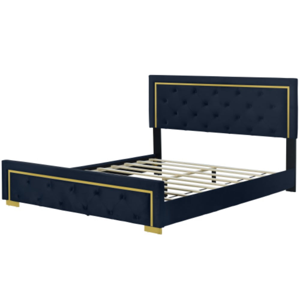 Queen Size Velvet Upholstered Platform Bed, Wood Bed Frame with Pull Point Headboard and Metal Wire Frame & Feet
