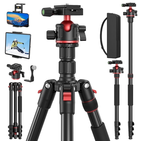 Camera Tripod, Quick-Setup Aluminum DSLR Tripod 67" Monopod-360° Panoramic Metal Ball Head-With Carry Bag,Portable Tripod Phone Adapters,Binoculars Adapters