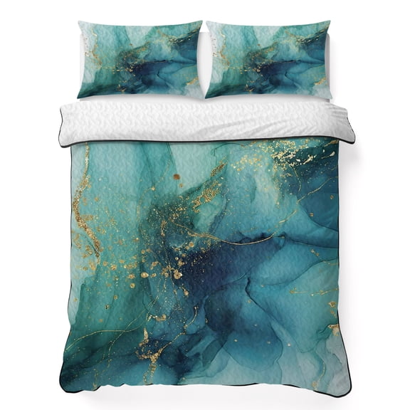 King Quilt Bedding Set, Rattail Green Marble Texture 3 Piece Bedding Set Lightweight Breathable Quilt with 2 Pillow Shams, Gold Blue Gradient Soft Microfiber Summer Comforter for Hot Sleepers