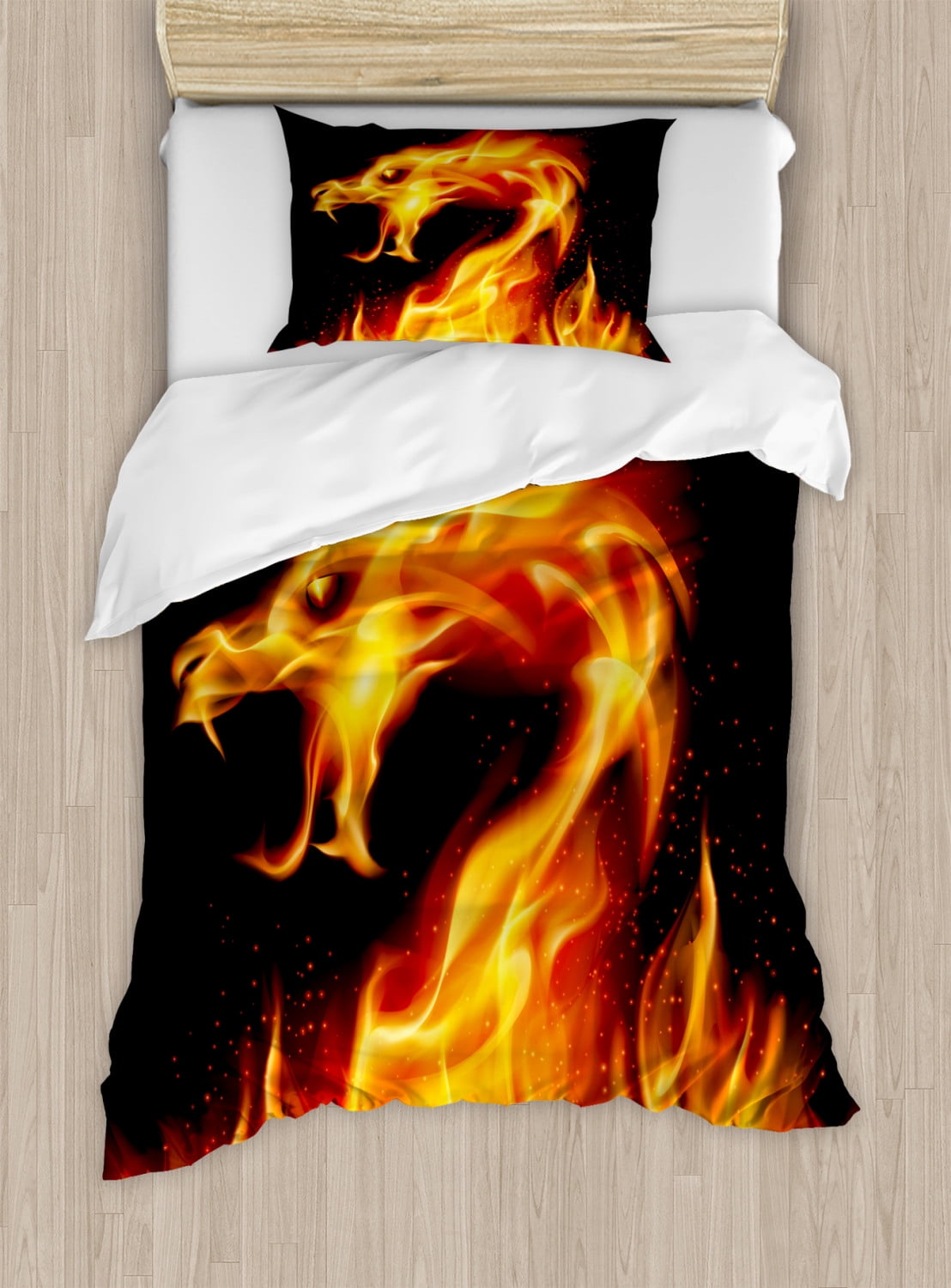 Dragon Duvet Cover Set Twin Size, Abstract Fiery Creature on Black