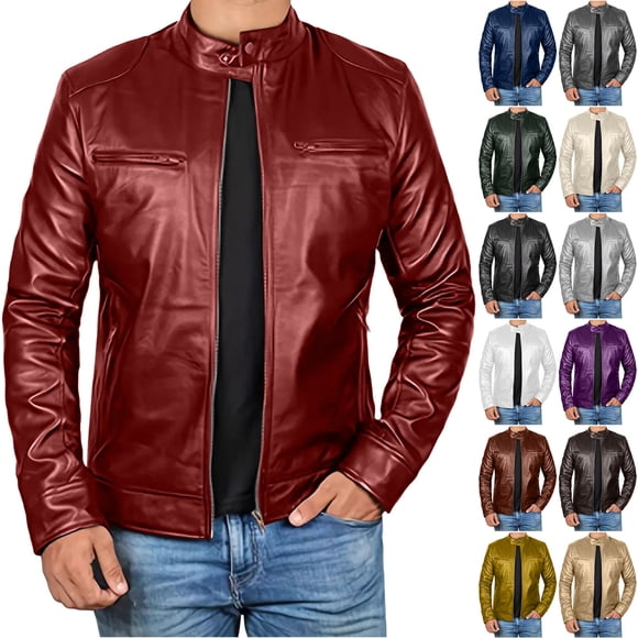 YOIAVAIOY Mens Faux Leather Cropped Jacket Zip Up Moto Jackets Stand Collar Long Sleeve Biker Coats Dark Blue XL