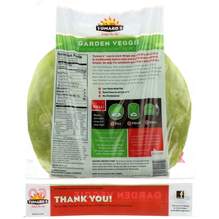 Tumaros Low-Carb Garden Veggie Wraps - 8 Count, Case Of 6 - Low Calorie, Kosher
