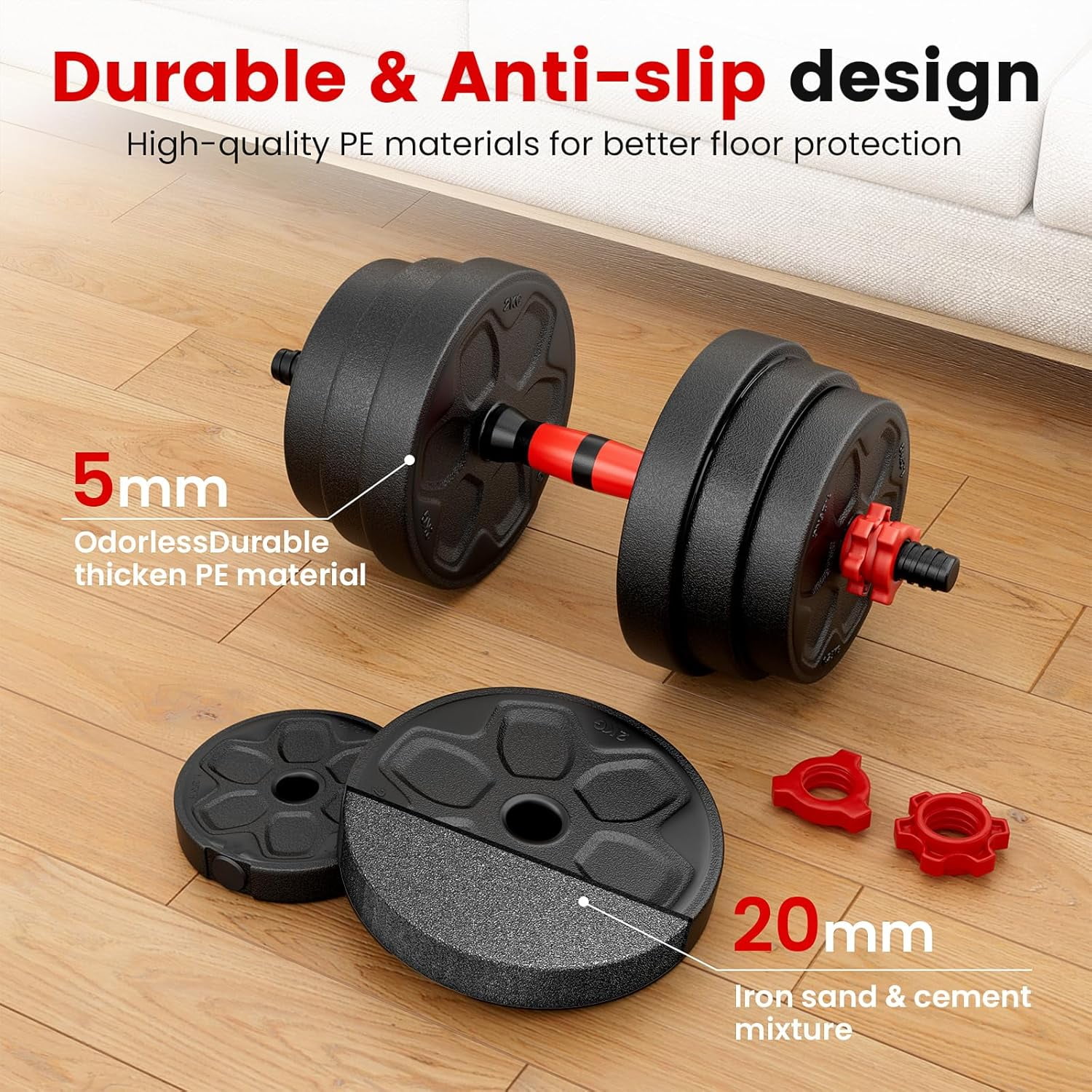 Adjustable Dumbbell Set 20-90lbs 5-in-1 Free Weight Kit with Connector Bar for Home Gym, Multi-Function Strength Training Equipment for Men Women