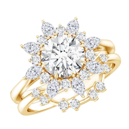 Rosec Jewels Certified Moissanite Flower Wedding Ring Set - D-VS1 Quality Statement Engagement Ring with Enhancer 10K Yellow Gold US 9.50