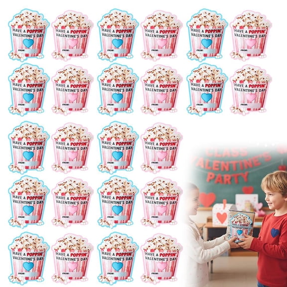 Valentine’s Day Popcorn Gift Tags – 24 Pieces, 2 Designs, Blue & Pink Heart Labels for Treats and Gifts