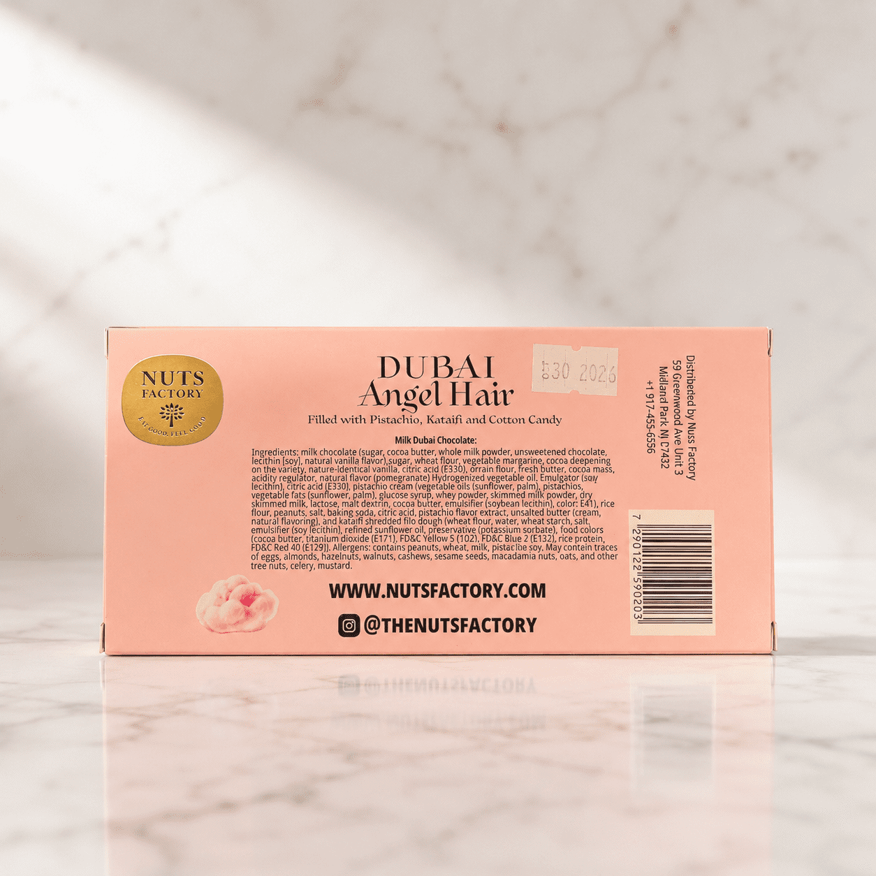 Nuts Factory Angel Hair Dubai Style Chocolate Bars with Pistachio Cream, Crispy Kataifi & Pink Cotton Candy, Pack of 2 Large Bars – #1 Ranked Dubai Chocolate Bars in the World by CNBC