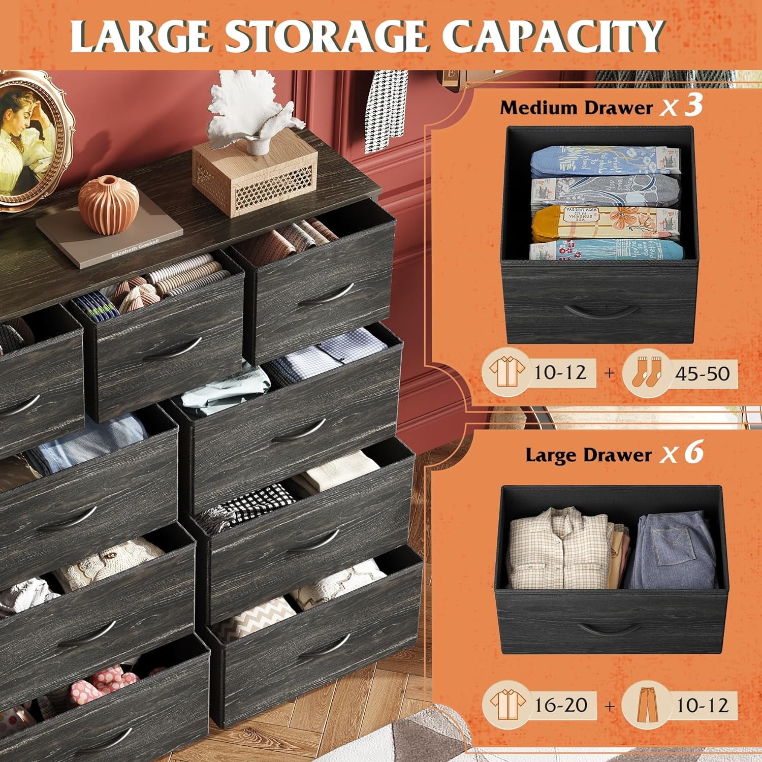 Dresser, Betcozy Storage Organizer with 9 Drawers for Bedroom, Chest of Drawer with Fabric Bin, Sturdy Metal Frame, Wood Top for Closet, Nursery,Black